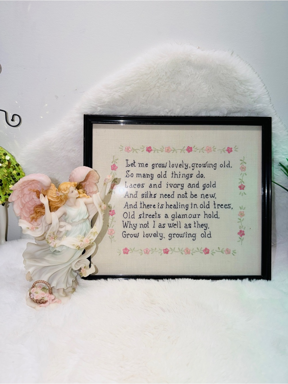Framed Floral Cross-Stitch Poem Pink Rose Border & Seraphim Angel Chelsea 😇